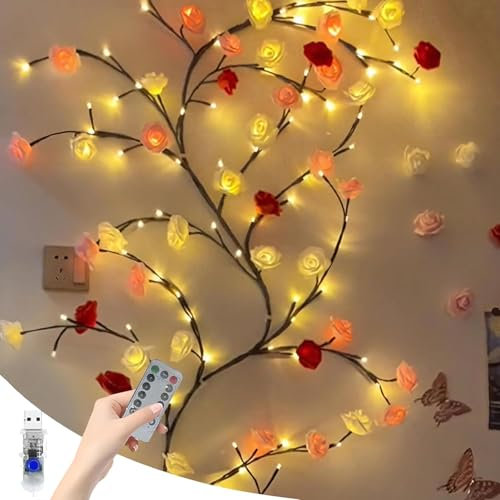 Arbre Lumineux LED, Arbres Guirlande Lumineuse, lampe de vigne, Lampe murale fleurs de cerisier avec télécommande et 8 modes d'éclairage pour Mur Chambre Salon Intérieure Décoration (Rose 1.2M+48LED)