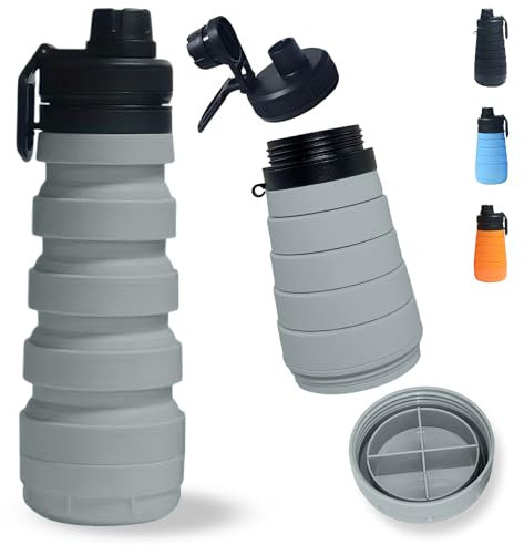 DARZWAY Botella Plegable de Silicona 750 ml – Con Funda de Neopreno y Cepillo Limpiador – Cantimplora Reutilizable y Flexible – Sin BPA – Ideal para Camping, Viajes y Deporte. (Gris)