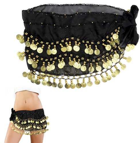 APOMOONS Gonna Danza del Ventre con 128 Monete, Costume Pareo Danza del Ventre in Chiffon Donna, Nero