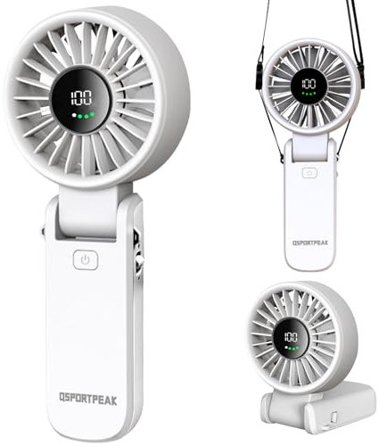 Ventilateur Portable à Main, ventilateur portable avec écran LED [refroidissement maximum 12 heures] 4000 mAh, plié à 180 °,5 vitesses,lanière,Éventail 3-EN-1 Main/Bureau/Cou pour Extérieur - Blanc
