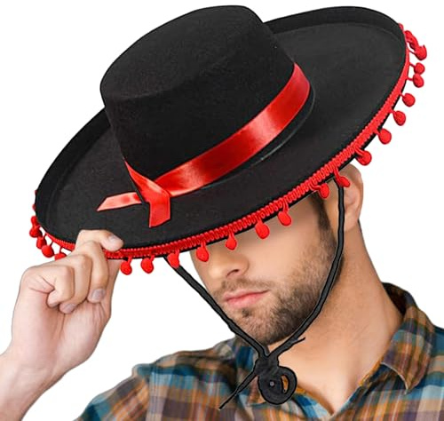 Zasdvn Mexikanischer Hut | Mexikanischer Party-Sombrero für Erwachsene | Großkrempiger Karnevalshut für Flamenco-Kostüme mit Accessoires zu Geburtstagen, Halloween & Festveranstaltungen