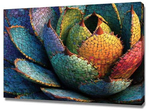 WUFIEA Moderne Grüne Pflanze Poster Farbiges Glas Agave für Schlafzimmer, Büro, Flur, Eingang(Blau)-60x80cm Gerahmt