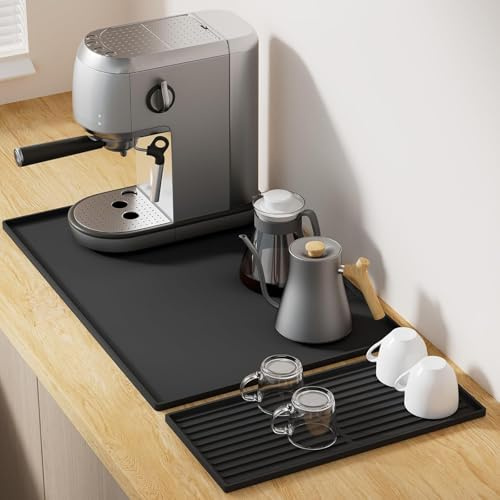 Vyranut 2-in-1 Silikon-Arbeitsplatten-Set - 60 x 40 cm verschüttete Matte mit 40 x 19 cm Abtropfmatte und magnetischem Pad-Halter, rutschfest & hitzebeständig für Küche oder Espresso-Station (Schwarz)
