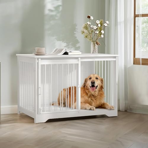 HILINSIE Dog Crate Furniture - 39.4 Dual-Door Indoor Dog Kennel with Sliding Barn Door, Wooden End Table Design Dogs, Anti-Chew& Escape-Proof, White