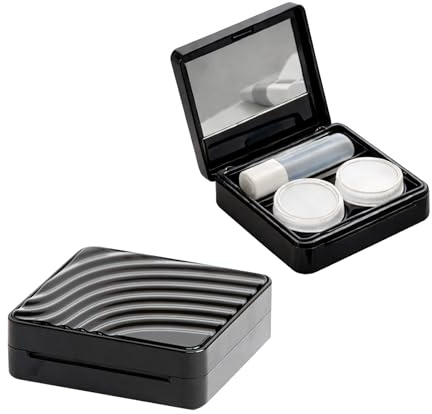 Contact Lens Travel Case, Built-In Mirror, 2 Lens Wells, Bottle, Black | Hard Square Shell, Hinged Lid, Fitted Inner Tray, Screw-Top Pots, For Handbag Organisation And Routine Home Lens Handling