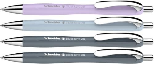 Schneider Slider Rave XB Kugelschreiber, 4 Stück, Stadtgrau + 2 Farben | Tinte: Blau, Viscoglide-Technologie für lange Texte ohne Aussetzer in Schule, Uni und Beruf, dokumentenecht, Mine wechselbar