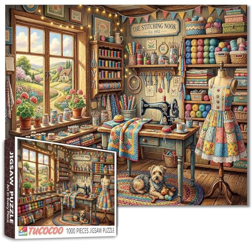 Sewing Room Jigsaw Puzzles 1000 Pieces for Adults,Families(Sewing Machine,Stitching Corner,Craft Workshop,Quilting Studio)Pieces Fit Together Perfectly 19.7''x27.6''inch Frameable Landscape Puzzle Art