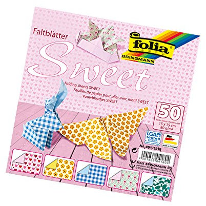folia 491/1515 - Faltblätter Sweet, 15 x 15 cm, 80 g/qm, 50 Blatt sortiert in 5 Motiven - ideal für wunderschöne Faltfiguren und -formen