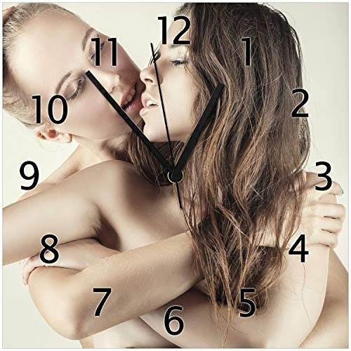 Wallario Design-Wanduhr Sexy Lesben - erotisch, anregend, verrucht aus Glas, Motiv-Uhr Größe 30 x 30 cm, Schwarze Zeiger