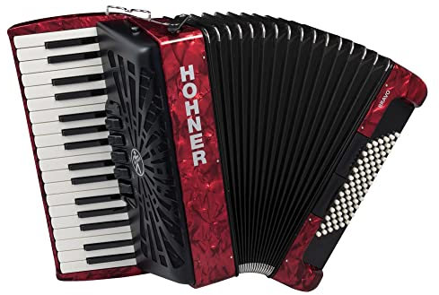 Hohner Bravo III 72 SilentKey Akkordeon (schönes Akkorden mit 34 Piano-Tasten, 4 Standardbass Chöre, 72 Standardbässe, inkl. Trageriemen und Gigbag) Rot