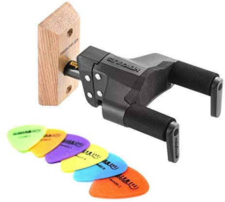HERCULES Stands GSP38WB PLUS AGS Guitar Wall Hanger with Wood Base & 6 Complimentary Plectrums