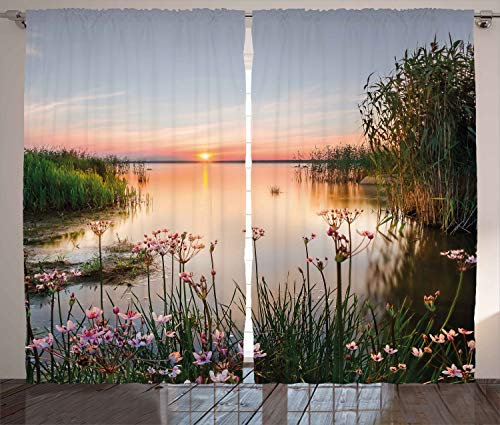 ABAKUHAUS Natur Rustikaler Vorhang, Sonnenuntergang am See Chudskoy, Wohnzimmer Universalband Gardinen mit Schlaufen und Haken, 280 x 260 cm, Hellrosa