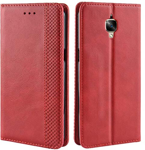 HualuBro Coque OnePlus 3T, Coque OnePlus 3, Etui Housse à Rabat en Retro PU Cuir Flip Leather Case Cover Antichoc Portefeuille Protection Stand Coque pour One Plus 3 / OnePlus 3T (Rouge)