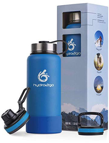 hydro2go ® Edelstahl Trinkflasche X-AlpsBottle - 1000ml / 1l | vakuumisolierte Thermosflasche + 3 Trinkverschlüsse | Auslaufsichere Isolierflasche | doppelwandige Outdoor Sportflasche | Thermoskanne