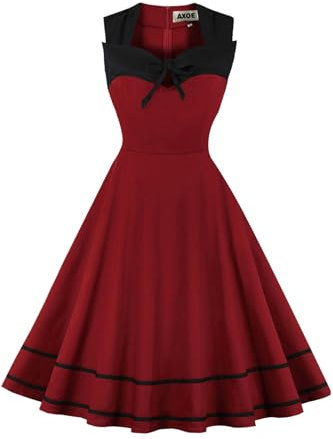 AXOE Femme Robe Vintage Années 50 60 Motifs Pois ou Uni Taille Haute Coupe A Robe Cocktail Soirée Ville Coton Élastique Bordeaux, Taille 50, 4XL