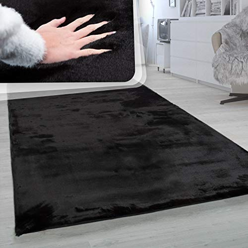 Paco Home Hochflor Teppich Wohnzimmer Super Softes Kaninchenfell Imitat Kunstfell Schwarz, Grösse:Ø 120 cm Rund
