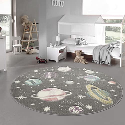 Teppich-Traum Kinderteppich Weltraum Lernteppich mit Sternen und Planeten in Pastell grau Größe 160 cm rund