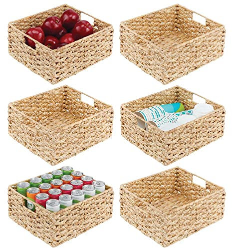 mDesign Aufbewahrungskorb für Schrank oder Regal – Schrankkorb mit kleiner integrierter Kreidetafel – geflochtener Korb aus Hyazinthe mit Tragegriffen für die Küche – 6er-Set – naturfarben