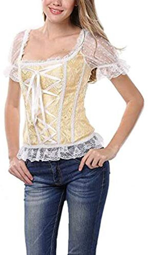 Huixin Ladies Overbust Corsage Top with Sleeves Waist Corset Bustier Corset Dirndl Blouse Trachten Shirt Party Steampunk Corsages (Yellow,S)