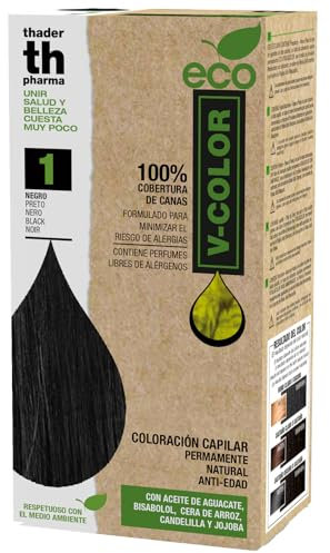 Thader Th Pharma ECO V-Color Kit de Coloración Capilar Permanente sin amoniaco 100% cobertura de canas, 120 ml (No. 1 Negro)