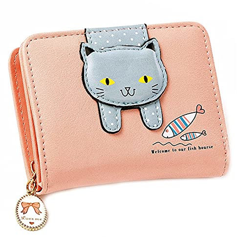 Oneroomone Damen Katzen Portemonnaie, Leder Kleine Geldbörse, Kindergeldbörse, Mehrere Fächer, Ledermaterial, Mit Reißverschluss, Dekorative Kleine Geldbörse,Geschenke Für Mädchen (Rosa)
