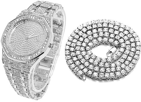 Halukakah Diamant Golduhr Iced Out, Männer Platin Weißgold Plattiert Quarz Armband 22cm Achteckiges Zifferblatt, mit Tennis-Ketten Halskette 45cm, Kommt mit Geschenkbox