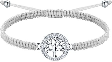 J.Endéar Bracelet Femme Arbre de Vie Argent 925 avec Zircon, Bracelet Cordon Gris Chance Fille Fait Main Ajustable 16+8cm, Bijoux Cadeau Ados