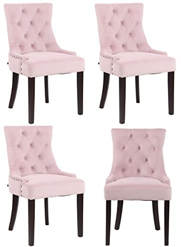CLP 4er Set Esszimmerstuhl Aberdeen Samt I Mit Hochwertiger Polsterung Und Samtbezug I Polsterstuhl Mit Gestell Aus Kautschukholz, Farbe:pink, Gestell Farbe:antik