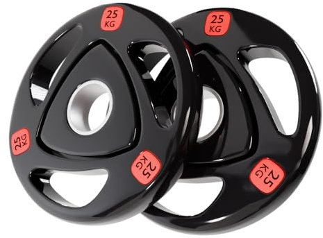 Strongway® Olympic Weight Plates Discs for Barbell Bar - 2 Inch (2) / 50mm Hole - Rubber Coated Cast Iron Weights Tri Grip Range of Weights and Sizes (25KG X 2)