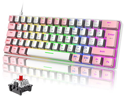 Wired 60% Gaming Mechanical Keyboard with Red Switch, UK Layout 19 Rainbow LED Backlit Mini Portable 62 Keys Detachable USB-C Cable Full Keys Anti-Ghosting Waterproof for PC Mac - White & Pink