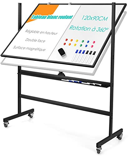 GOPLUS Tableau Blanc Effacable Hauteur Réglable 160-188CM avec 4 Roues, Tableau Blanc Magnetique Double Face Rotatif 360° Cadre en Aluminium, 1 Effaceur, 12 Aimants, 6 Marqueurs, Feuille de Papier
