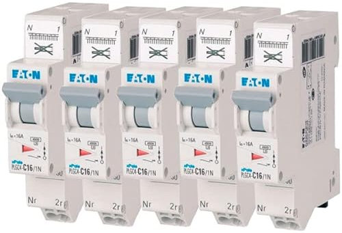 EATON 109130 PLGC4-C16/1N - DISJONCTEUR MODULAIRE PH/N - Blanc - MANETTE GRISE - 1P+N / 16 A - COURBE C - Raccordement direct sans vis - 5 disjoncteurs