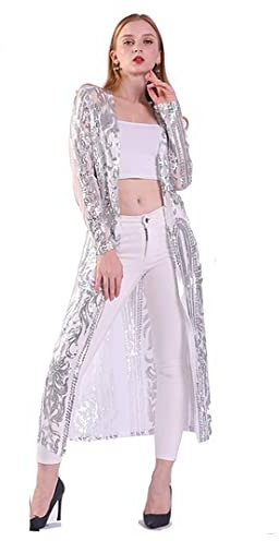 Damen Pailletten Cardigan Sommer Cover Up Kleid Glitzer Open Front Mantel Kleider Staubwedel für Abend Silber Jacke XL