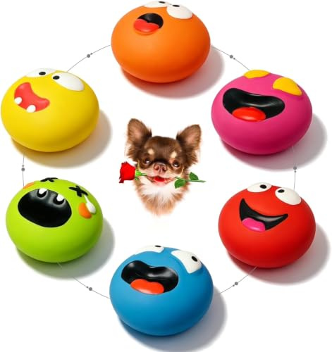HOLYSTEED Kleine Quietschspielzeuge für Hunde, Flache Bälle, 6 Stück | Lächelnd, leicht, aus Latex, laut quitschend, schwimmfähig, apportierbar für Dackel, Chihuahua, Westie, Havaneser, Westie