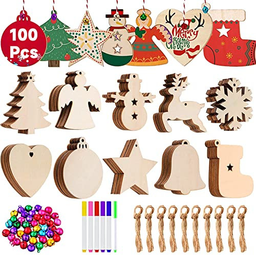100 Stück Holzanhänger Christbaumschmuck,Weihnachts Holzanhänger,Handwerkliche Verzierungen für Weihnachten Weihnachtsbaum DIY Dekoration 10 Design,100 Glocke,100 Stk Juteschnur,Christbaumschmuck Holz
