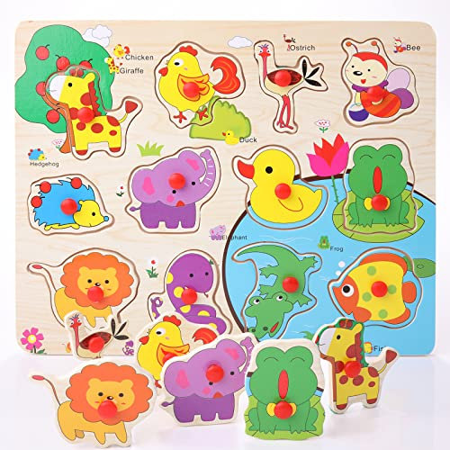Holzpuzzle ab 1 2 3 Jahr, Ailvor Steckpuzzle Holz, Greifpuzzle Holzspielzeug, Puzzle Lernspielzeug für Baby Junge Mädchen Geschenk (Tiere Motive)