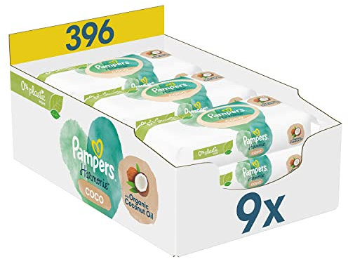 Pampers Lingettes Bébé Coco Harmonie 0%, 396 Lingettes (Lot de 9 x 44) à L'huile De Noix de Coco Pour Hydrater Et Protéger La Peau Délicate Des Bébés, Testées Dermatologiquement