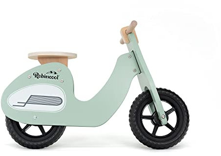 Scooter Retro Moto Infantil de Madera Ecológica Montessori Robincool Motorbike 73x27x51 cm Correpasillos Sin Pedales | Ruedas Hinchables | Sillín Regulable | Color Verde Mint | Certificado CE y EN71