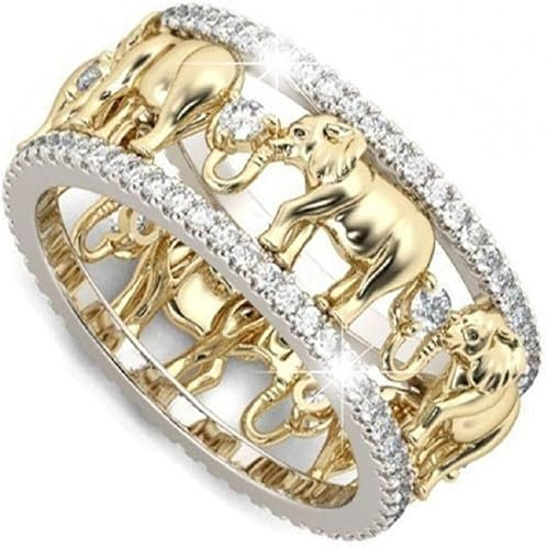 Verstellbar Sterling Silber Ringe für Damen 925 Sterling Silber Elefant 1,5 Karat Glücklich Gold Weißer Topas Zirkonia Einwanderungsring Elefant Familie Bagu
