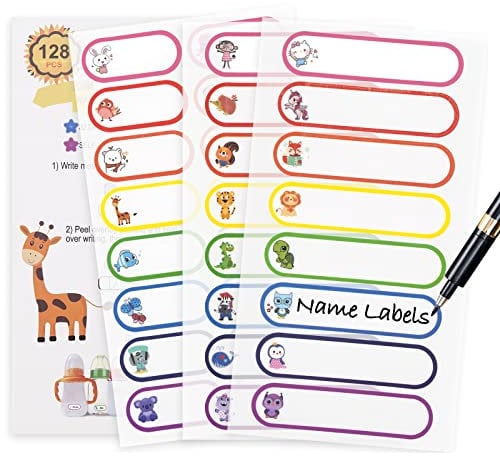 Waterproof Name Labels Stickers for Kids School Stuff, 128PCS Toddler Name Tags for Plastic Water Bottle Self Laminating, Dishwasher Safe, Baby Bottle Labels for Daycare Supplies, Daycare Labels