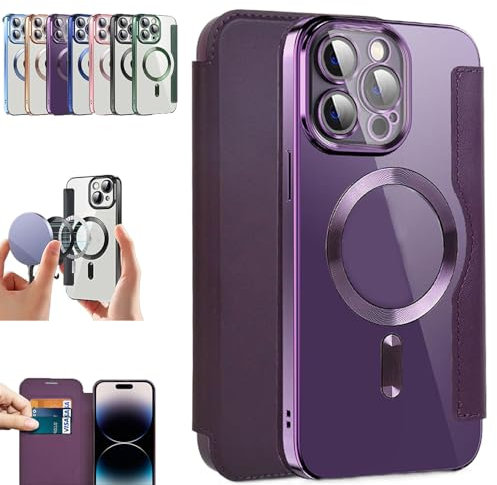 OSEVIO Transmitg Luxury Leather Flip Magnetic Phone Case with Card Holder, Transmitg Magnetic Leather Wallet Card Flip Transparent Case For iPhone 15 14 13 12 11 Pro Max (For lphone 15,Purple)