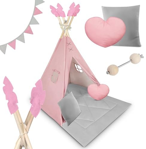Nukido - Spielzelt für Kinder - Teepee - Spielhaus - mit Holzrahmen, Halterung und Baumwollbezug - Großes Set - mit Kissen, weicher Spielmatte, Fensterrollo, Girlande - Faltbar - Rosa, Grau