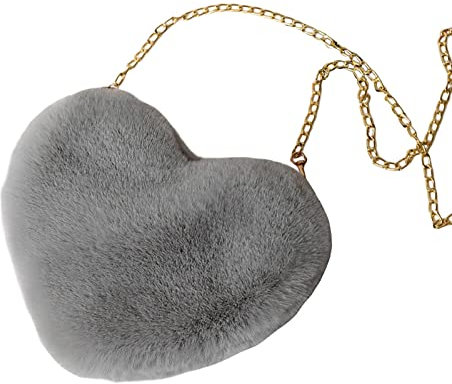 Damen Handtasche Herz, Umhängetasche Klein Plüsch, Herz Kunstfell Handtasche, Süße Heart Bag, Herz Clutch Geldbörse für Cocktail Outdoor Karneval Reisen Alltag Festival Geschenk, Hellgrau
