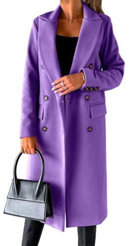 IDEALSANXUN 2023 Womens Wool Coat Double Breasted Trench Coat Fall Winter Clothes, Purple, Small