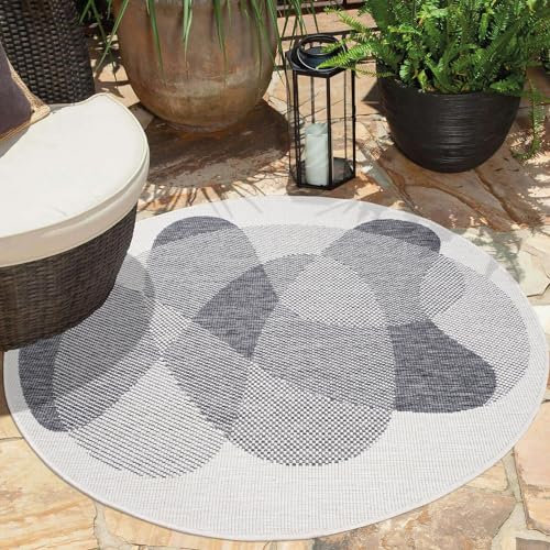carpet city Outdoor Teppich Wetterfest 120 cm Rund - Creme-Grau - Wendeteppich, Beidseitiges Geometrisches Muster - Balkonteppich Wasserfest Outdoor - Terrassenteppich