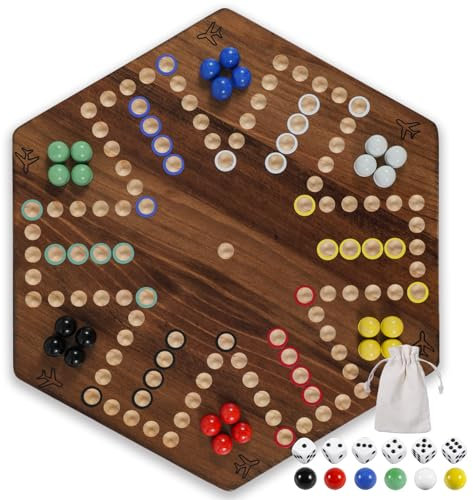Wahartoly Wahoo Brettspiel, 38,1 cm, Marmor-Spielbrett mit 24 Glasmurmeln und 6 Würfeln, doppelseitiges Spielbrett aus Massivholz für 4 oder 6 Spieler, Familien- und Partyspiel