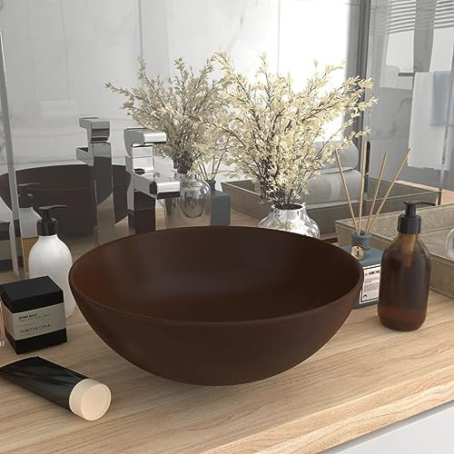 LAPOOH Lavabo de Cuarto de baño Redondo cerámica marrón Oscuro, Lavabo sobre Encimera, Lavabo Baño, Muebles De Baño, Mueble Lavabo