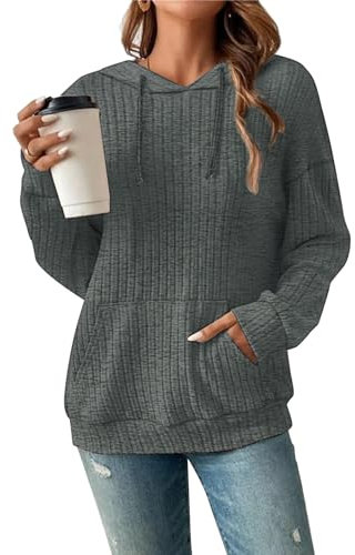 Damen Hoodie Pullover Langarm Herbst Winter Casual Loose Kapuzenpullover Streifen Fallende Schultern Kordelzug Sweatshirt Dunkelgrün L