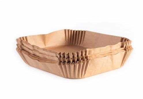 GOURMETmaxx Backpapier für Heißluftfritteuse 5 bis 8 Liter | Backpapierschale antihaftbeschichtet & ölbeständig | Airfryer Backpapier – flexible Form | 50 Stück – 23 x 23 x 4,5 cm