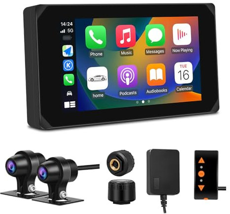 VSYSTO Motorrad Carplay Bildschirm, kabelloses Carplay und Android Auto, GPS Navigation, Parküberwachung, Reifendrucksensoren, 5-Zoll WiFi Dashcam 1080P Front- und Rückkamera (CS5PRO)